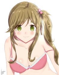 Rule 34 | 10s, 1girl, bare shoulders, blush, bra, breasts, brown hair, cleavage, eyebrows, eyes visible through hair, fang, green eyes, hair bobbles, hair ornament, inuyama aoi, large breasts, long hair, looking at viewer, off shoulder, pink bra, side ponytail, signature, simple background, smile, solo, strap slip, syyn (syyndev), thick eyebrows, underwear, upper body, white background, yurucamp