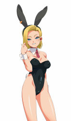 Rule 34 | 1girl, android 18, blonde hair, blue eyes, blush, breasts, covered erect nipples, cuffs, dragon ball, dragonball z, earrings, grin, jewelry, kyosu, leotard, looking at viewer, playboy bunny, simple background, smile, solo