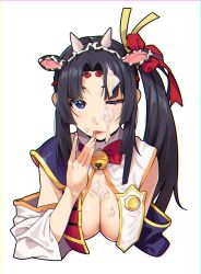Rule 34 | 1girl, agnamore, animal ears, armor, asymmetrical sleeves, bell, black hair, blue eyes, breasts, cleavage, cow ears, cow horns, cream, eyeliner, fake animal ears, fate/grand order, fate (series), highres, horns, long hair, looking at viewer, makeup, mismatched sleeves, one eye closed, revealing clothes, side ponytail, simple background, solo, tongue, tongue out, ushiwakamaru (fate), white background