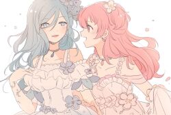 Rule 34 | 2girls, bare shoulders, blue eyes, blue hair, blush, clothes lift, commentary, dated commentary, dress, earrings, female focus, frilled dress, frills, hair ornament, hand on own chest, hinomori shizuku, jewelry, lifting own clothes, light blue hair, long hair, looking at another, matching hair/eyes, momoi airi, multiple girls, necklace, one side up, open mouth, petals, pink eyes, pink hair, project sekai, seri (vyrlw), sidelocks, simple background, skirt, skirt lift, smile, upper body, wedding dress, white background, white dress, yuri