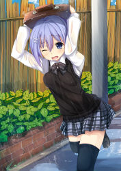 Rule 34 | 1girl, arms up, bad id, bad pixiv id, bag, bag on head, black footwear, black thighhighs, blue eyes, blue hair, blush, bow, bowtie, breasts, brick wall, briefcase, day, eyebrows, hair between eyes, hair ornament, hairclip, icywood, improvised umbrella, lamppost, long sleeves, matching hair/eyes, medium breasts, one eye closed, open mouth, original, outdoors, plaid, plaid bow, plaid bowtie, plaid neckwear, plaid skirt, plant, pleated skirt, rain, running, school bag, school briefcase, school uniform, shoes, short hair, skirt, solo, sweater vest, thighhighs, wet, wince, wink, zettai ryouiki