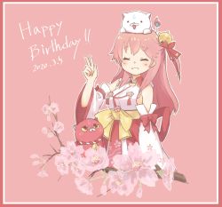 Rule 34 | 1girl, 35p (sakura miko), animal, animal on head, bell, birthday, blush, branch, breasts, cat, cat on head, cherry blossom print, cherry blossoms, closed eyes, dated, detached sleeves, floral print, hair bell, hair ornament, hair over shoulder, happy birthday, hololive, kintoki (sakura miko), long hair, nontraditional miko, on head, one side up, pasara hirahara, pink background, pink cat, pink hair, sakura miko, sakura miko (1st costume), smile, teeth, virtual youtuber, w, white cat, wide sleeves
