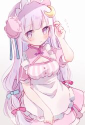 Rule 34 | 1girl, apron, blue bow, blush, bow, breasts, cleavage, closed mouth, crescent, crescent hair ornament, dress, frilled apron, frills, hair bow, hair ornament, hat, highres, long hair, looking at viewer, maid apron, medium breasts, mob cap, nig 18, patchouli knowledge, purple dress, purple eyes, purple hair, purple hat, red bow, solo, touhou, white apron
