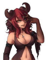Rule 34 | &gt;:|, 1girl, :|, angry, bad id, bare shoulders, breasts, claws, cleavage, closed mouth, demon girl, detached sleeves, hand on own face, highres, horns, jewelry, large breasts, long hair, looking at viewer, magical girl dallas, monorus, navel, pendant, pointy ears, red hair, simple background, solo, upper body, v-shaped eyebrows, white background, yellow eyes