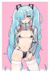 Rule 34 | 1girl, absurdres, bikini, black bikini, blue eyes, blue hair, blue nails, blush, border, breasts, chung1000, closed mouth, contrapposto, earrings, fingernails, hair over one eye, hatsune miku, highres, jewelry, long hair, long sleeves, looking at viewer, micro bikini, multi-strapped bikini, nail polish, navel, one eye covered, outside border, pink background, shrug (clothing), simple background, small breasts, solo, sweat, swimsuit, thighhighs, twintails, very long hair, vocaloid, white border, white thighhighs