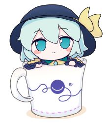 Rule 34 | 1girl, black hat, closed mouth, cup, fumo (doll), green eyes, green hair, hat, hat ribbon, highres, in container, komeiji koishi, looking at viewer, mug, rei (tonbo0430), ribbon, simple background, smile, solo, third eye, touhou, white background, yellow ribbon