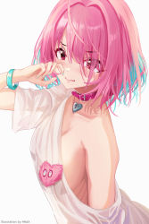 Rule 34 | 1girl, absurdres, artist name, bare shoulders, blue hair, bracelet, breasts, collar, collarbone, eyes visible through hair, fang, hair intakes, hair over one eye, heart on chest, highres, hmax, idolmaster, idolmaster cinderella girls, jewelry, looking at viewer, medium breasts, multicolored hair, off-shoulder shirt, off shoulder, pink eyes, pink hair, shirt, short hair, short sleeves, simple background, solo, two-tone hair, wavy mouth, white background, yumemi riamu