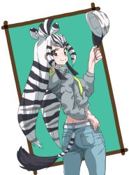Rule 34 | 1girl, alternate costume, animal ears, ass, back, baseball cap, belt, black hair, blue pants, brown eyes, casual, closed mouth, clothing cutout, contemporary, cropped hoodie, denim, dimples of venus, drawstring, extra ears, from behind, grey hair, grey hoodie, hand on own hip, hand up, hat, unworn hat, unworn headwear, highres, holding, holding clothes, holding hat, hood, hood down, hoodie, jeans, kemono friends, long hair, long sleeves, looking at viewer, looking back, midriff, multicolored hair, pants, plains zebra (kemono friends), pocket, sidelocks, smile, solo, tail, tail through clothes, tanabe (fueisei), twisted torso, very long hair, white hair, zebra ears, zebra tail