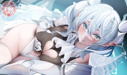 Rule 34 | 1girl, blush, breasts, cleavage, cleavage cutout, clothing cutout, covered nipples, demon girl, demon horns, demon wings, duel monster, gloves, grabbing own breast, grey eyes, highres, horns, komupi, lady labrynth of the silver castle, large breasts, leotard, looking at viewer, lovely labrynth of the silver castle, low wings, pointy ears, sample watermark, second-party source, smile, solo, twintails, watermark, white hair, white leotard, wings, yu-gi-oh!