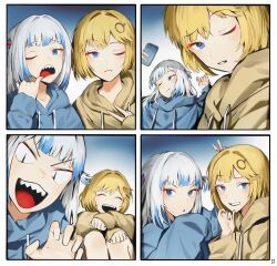 Rule 34 | 2girls, :3, :d, :o, absurdres, blonde hair, blue eyes, blue hair, blue hoodie, bob cut, closed eyes, collage, commentary, english commentary, finger in own mouth, gawr gura, gradient background, grey hair, hair ornament, hand on own chin, highres, hololive, hololive english, holomyth, hood, hoodie, hugging own legs, long sleeves, multicolored hair, multiple girls, odyssey 21, one eye closed, open mouth, shark hair ornament, sharp teeth, short hair, side ponytail, slit pupils, smile, streaked hair, teeth, v, virtual youtuber, watson amelia, yellow hoodie