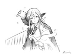 Rule 34 | 1girl, animal, animal on shoulder, azur lane, bald eagle, bird, breasts, closed mouth, coat, collared shirt, eagle, enterprise (azur lane), extended hand, greyscale, hair between eyes, hat, heart, holding tie, long hair, military, military hat, monochrome, necktie, off shoulder, railing, shirt, sidelocks, signature, smile, sparkle, tagme, toriyaki, very long hair, white background, white eyes, white hair, white shirt