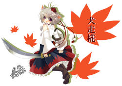Rule 34 | 1girl, animal ears, character name, detached sleeves, female focus, full body, hat, hikanyan, inubashiri momiji, red eyes, shield, short hair, silver hair, solo, sword, tail, tokin hat, touhou, weapon, white background, wolf ears, wolf tail