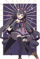 Rule 34 | 1girl, animal ear fluff, animal ears, black hair, black thighhighs, boots, border, breasts, cat ears, cat girl, cat tail, crystal, detached sleeves, dress, fangs, full body, garter straps, godyuurei, green eyes, jacket, karyl (princess connect!), layered dress, layered sleeves, long hair, looking at viewer, low twintails, multicolored hair, open mouth, outside border, princess connect!, purple background, purple jacket, short dress, skin fangs, sleeveless, sleeveless dress, small breasts, solo, streaked hair, tail, thigh strap, thighhighs, twintails, very long hair