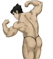 Rule 34 | 1boy, aizenhower, ass, avatar legends, back, bara, black hair, black male underwear, bolin, closed eyes, closed mouth, double biceps pose, flexing, highres, male focus, male underwear, muscular, muscular male, short hair, simple background, solo, the legend of korra, thick eyebrows, thick thighs, thighs, thong, underwear, white background