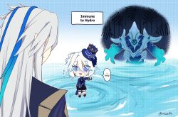 Rule 34 | 1boy, 1girl, arm at side, arm up, ascot, asymmetrical gloves, black gloves, blue brooch, blue eyes, blue hair, blue headwear, blue horns, chibi, coat, cowlick, dragon horns, drop-shaped pupils, english text, furina (genshin impact), gameplay mechanics, genshin impact, gloom (expression), gloves, grey hair, hair between eyes, hat, heterochromia, highres, horns, hydro tulpa, jacket, light blue hair, long hair, long sleeves, looking at another, mismatched pupils, monster, multicolored hair, neuvillette (genshin impact), open mouth, outstretched arm, pointing, pointing at another, pointy ears, reiu (rriuette), ripples, scared, shoes, shorts, smile, standing, symbol-shaped pupils, tearing up, top hat, twitter username, water, wet, wet hair, white gloves, white hair