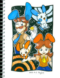 Rule 34 | 1boy, 1girl, angle-0a7, animal ears, breasts, brown hair, cosplay, creatures (company), demon, earrings, facial hair, game freak, gen 3 pokemon, gloves, grin, hat, highres, jewelry, looking at viewer, luigi, mario (series), minun, mustache, necktie, nintendo, open mouth, plusle, pokemon, princess daisy, smile, super mario bros. 1, super mario land