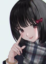 Rule 34 | 1girl, :p, black hair, black jacket, bow, brown eyes, closed mouth, commentary request, eyebrows hidden by hair, gekijouban hibike! euphonium, grey background, hair bow, hand up, hasisisissy, hibike! euphonium, highres, hisaishi kanade, index finger raised, jacket, long sleeves, looking at viewer, plaid, plaid scarf, red bow, scarf, short hair, simple background, smile, solo, tongue, tongue out, upper body