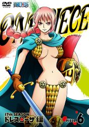 Rule 34 | 1girl, armor, bikini armor, braid, breasts, cape, cover, dressrosa, female focus, gloves, helmet, highres, large breasts, looking at viewer, matching hair/eyes, navel, official art, one piece, pink eyes, pink hair, rebecca (one piece), serious, solo, standing, sword, weapon