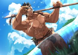 Rule 34 | 1boy, abs, bara, bare pectorals, bellsaltr, brown hair, brown male swimwear, bulge, dark-skinned male, dark skin, facial hair, goatee, hand on own head, harpoon, headband, highres, holding, holding polearm, holding spear, holding weapon, large pectorals, loincloth, long sideburns, male focus, male swimwear, mature male, multicolored hair, muscular, muscular male, navel, nipples, over shoulder, partially submerged, partially underwater shot, pectorals, pointy ears, polearm, short hair, sideburns, solo, spear, spiked hair, stomach, tangaroa (housamo), tattoo, thick thighs, thighs, tokyo houkago summoners, tribal tattoo, two-tone hair, underwater, wading, weapon, weapon over shoulder, wet, white hair, yellow eyes