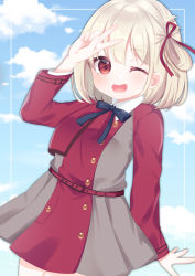 Rule 34 | 1girl, ;d, arm up, black bow, blonde hair, blue sky, bow, cloud, cloudy sky, commentary request, day, dress, grey dress, hair between eyes, hair ribbon, highres, long sleeves, looking at viewer, lycoris recoil, nishikigi chisato, one eye closed, open mouth, outdoors, pleated skirt, red dress, red eyes, red ribbon, ribbon, romaji commentary, skirt, sky, smile, solo, suzu (minagi), two-tone dress