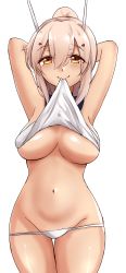 Rule 34 | 10s, 1girl, alternate breast size, armpits, arms behind head, arms up, ayanami (azur lane), azur lane, blouse, blush, breasts, clothes in mouth, clothes lift, cowboy shot, eyes visible through hair, hair between eyes, hair ornament, highres, large breasts, lifted by self, long hair, looking at viewer, lowleg, lowleg panties, mistynight, mouth hold, navel, no bra, orange eyes, panties, pink hair, ponytail, shirt, shirt in mouth, shirt lift, simple background, smile, solo, standing, thighs, underboob, underwear, white background, white panties, white shirt