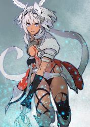 Rule 34 | 1girl, armor, bad id, bad twitter id, black gloves, breasts, caenis (fate), elbow gloves, fate (series), fingerless gloves, gloves, highres, holding, holding polearm, holding spear, holding weapon, long hair, looking at viewer, medium breasts, parted lips, polearm, purple eyes, sankomichi, shoulder armor, solo, spear, standing, very long hair, weapon, white hair