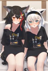 Rule 34 | 2girls, ahoge, animal ear fluff, animal ears, aqua eyes, black hair, black hairband, black shirt, blush, commentary request, cosplay, couch, earrings, ears down, flipped hair, fox ears, fox girl, fox tail, hair between eyes, hair ornament, hairband, hairclip, highres, hololive, jewelry, looking at viewer, multicolored hair, multiple girls, nejima kitsune (shirakami fubuki), on couch, ookami mio, oversized clothes, parted lips, red hair, shirai yu, shirakami fubuki, shirakami fubuki (loungewear), shirakami fubuki (cosplay), shirt, side-tie shirt, sidelocks, single bare shoulder, single earring, sitting, spiked hair, streaked hair, t-shirt, tail, thighs, triangle mouth, virtual youtuber, white hair, wolf ears, wolf girl, wolf tail, yellow eyes