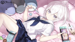 Rule 34 | 1girl, ayanami (azur lane), azur lane, bed sheet, blue neckerchief, blue skirt, brand name imitation, bubble tea, capriccio, commentary request, copyright name, cup, disposable cup, drinking straw, feet out of frame, food, grey eyes, hair between eyes, holding, javelin (azur lane), knees up, laffey (azur lane), looking at viewer, lying, macaron, neckerchief, official art, on back, pillow, plaid, plaid skirt, pocky, sailor collar, shirt, short sleeves, skirt, solo, stuffed animal, stuffed orca, stuffed shark, stuffed toy, stuffed whale, u-110 (azur lane), watermark, white hair, white sailor collar, white shirt