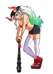 Rule 34 | 1girl, alternate costume, arm support, backwards hat, bare arms, bare shoulders, baseball cap, bikini, bikini top only, black shorts, breasts, brown eyes, club, club (weapon), collarbone, commission, contemporary, earrings, full body, green hair, grin, hat, highres, horns, jewelry, kanabou, leaning forward, leaning on object, lips, long hair, looking at viewer, medium breasts, multicolored hair, multicolored horns, navel, one eye closed, one piece, oni, outstretched arms, own hands together, planted, red bikini, red footwear, shoes, shorts, sidelocks, simple background, smile, sneakers, solo, standing, stomach, swimsuit, thighhighs, tina fate, very long hair, weapon, white background, white hair, white thighhighs, yamato (one piece)