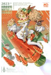 Rule 34 | + +, 1girl, :d, blonde hair, bodysuit, border, carrot, chinese zodiac, commentary request, curly hair, english text, glasses, goggles, goggles on head, gold trim, green eyes, highres, long hair, mame usagi, mechanical ears, open mouth, original, poster (medium), rabbit, rabbit girl, rocket, round eyewear, sleeves past fingers, sleeves past wrists, smile, spacesuit, teeth, tinted eyewear, twintails, upper teeth only, white bodysuit, white border, year of the rabbit, yellow-tinted eyewear