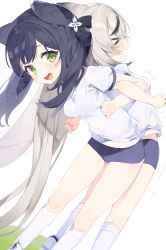Rule 34 | &gt; &lt;, 2girls, absurdres, animal ears, assisted stretching, black hair, blue archive, breasts, buruma, green eyes, grey hair, highres, kneehighs, kokona (blue archive), locked arms, long hair, looking at viewer, meunhongcha, motion lines, multicolored hair, multiple girls, open mouth, shirt, shoes, short sleeves, shun (blue archive), shun (small) (blue archive), small breasts, smile, sneakers, socks, standing, streaked hair, tiptoes, white shirt, white socks