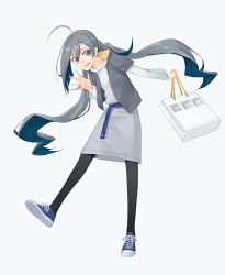Rule 34 | 1girl, ahoge, alternate costume, bag, belt, black pantyhose, blue belt, blue footwear, blue hair, grey eyes, grey hair, grey skirt, grey vest, kantai collection, kiyoshimo (kancolle), low twintails, multicolored hair, pantyhose, ribbon, shirt, shoes, skirt, sneakers, solo, twintails, two-tone hair, vest, white shirt, yellow ribbon