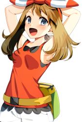 Rule 34 | 1girl, :d, armpits, arms behind head, arms up, bad id, bad pixiv id, blush, bow hairband, breasts, brown hair, commentary request, creatures (company), eyelashes, fanny pack, game freak, grey eyes, hairband, highres, long hair, looking to the side, may (pokemon), medium breasts, nintendo, open mouth, pokemon, pokemon oras, red hairband, red tank top, shorts, simple background, smile, solo, tank top, tongue, white background, white shorts, yuihico