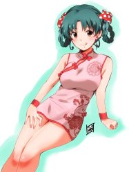Rule 34 | 1girl, :q, alternate hairstyle, aqua hair, bare shoulders, bow, braid, breasts, brown eyes, china dress, chinese clothes, commentary request, dress, floral print, hair ornament, highres, idolmaster, idolmaster million live!, licking lips, looking at viewer, medium breasts, parted bangs, pink dress, polka dot, polka dot bow, ponpon, smile, solo, thighs, tokugawa matsuri, tongue, tongue out, twin braids, wristband