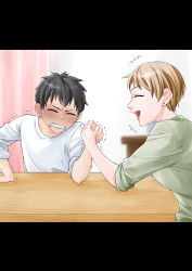 Rule 34 | 1boy, 1girl, absurdres, and opi, arm wrestling, black hair, blonde hair, blush, clenched teeth, closed eyes, green shirt, highres, mother and son, open mouth, original, paid reward available, shirt, short hair, table, teeth, upper teeth only, white shirt