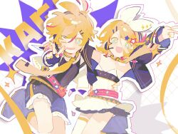 Rule 34 | 1boy, 1girl, ahoge, alternate costume, black footwear, black jacket, black shirt, black shorts, blonde hair, blue eyes, bow, commentary, dress, fang, fingerless gloves, gloves, hair bow, hair ornament, hairclip, hand around waist, headphones, highres, jacket, kagamine len, kagamine rin, looking at viewer, messy hair, multicolored hair, muse dash, naraiaran, necktie, one eye closed, open mouth, outline, pink hair, pink outline, shirt, short hair, shorts, siblings, skin fang, smile, star-shaped pupils, star (symbol), star hair ornament, streaked hair, symbol-only commentary, symbol-shaped pupils, tie clip, twins, v, vocaloid, white bow, white dress, white jacket, white outline, yellow nails, yellow necktie