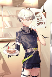 Rule 34 | 1boy, absurdres, arene (arknights), arknights, black gloves, black jacket, black shorts, elbow gloves, food, fruit, gloves, green eyes, grey hair, hair between eyes, halo, highres, holding, holding plate, indoors, jacket, looking at viewer, male focus, one eye closed, plate, shirt, short shorts, short sleeves, shorts, signature, single glove, solo, standing, strawberry, thigh strap, tongue, tongue out, white shirt, yoruyume
