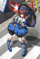 Rule 34 | 1girl, boots, brown hair, bubble skirt, cross-laced footwear, crosswalk, elbow gloves, from above, full body, gloves, graphite (medium), highres, lace-up boots, legs apart, manhole, mechanical pencil, outdoors, pairon, parasol, pencil, purple eyes, road, short hair, skirt, solo, standing, street, teku (2nd escape), thigh boots, thighhighs, traditional media, traffic cone, umbrella
