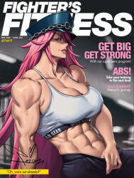 Rule 34 | 1girl, abs, blue eyes, breasts, broad shoulders, chain, cleavage, collarbone, cover, cropped legs, final fight, hands in pants, hat, heart, highres, large breasts, lips, long hair, magazine cover, mootium, muscular, muscular female, nail polish, navel, peaked cap, pink hair, poison (final fight), smile, spiked hair, sports bra, street fighter, street fighter v, sweat, very long hair, white sports bra