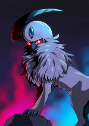 Rule 34 | 9gojonnybgo, absol, absurdres, bright pupils, claws, commentary request, creatures (company), from side, game freak, gen 3 pokemon, glowing, glowing eyes, highres, looking at viewer, nintendo, no humans, pokemon, pokemon (creature), red eyes, rock, solo, white fur, white pupils