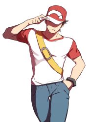 Rule 34 | 1boy, adjusting clothes, adjusting headwear, bad id, bad twitter id, baseball cap, brown hair, creatures (company), denim, game freak, hand in pocket, hat, highres, jeans, male focus, nintendo, pants, pokemon, pokemon sm, red (pokemon), red (pokemon sm), shaded face, solo, walking, white background, z-ring