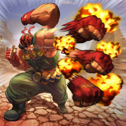 Rule 34 | 1boy, afterimage, bandana, teeth, boots, brolo, combat boots, explosion, explosive, fingerless gloves, gloves, grenade, load bearing vest, male focus, metal slug, military, muscular, punching, ralf jones, topless male, snk, solo, the king of fighters