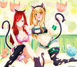 Rule 34 | absurdres, animal ears, bell, belt, blonde hair, blush, breasts, brown eyes, cat, cat ears, cat lingerie, cat tail, claudia dragneel, cleavage, denim, denim shorts, erza scarlet, fairy tail, highres, kisi86, large breasts, long hair, lucy heartfilia, meme attire, red hair, short shorts, shorts, smile, tail, thighhighs, torn clothes, yarn