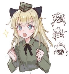 Rule 34 | 1girl, anger vein, black bow, blonde hair, blush, bow, chibi, crying, expressions, fang, garrison cap, hat, hato ni olive teppou, helma lennartz, highres, musical note, open mouth, sketch, solo, sparkle, sparkling eyes, strike witches, world witches series