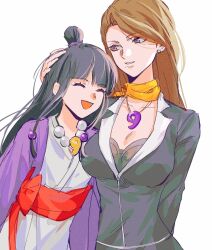 Rule 34 | 2girls, ace attorney, ako (eanaaati1), asymmetrical bangs, black hair, black jacket, blazer, blunt bangs, breasts, brown eyes, brown hair, cleavage, flat chest, formal, hair ornament, half updo, highres, jacket, japanese clothes, jewelry, kimono, large breasts, long hair, magatama, maya fey, mia fey, mole, mole under mouth, multiple girls, necklace, open mouth, sash, scarf, siblings, sisters, smile, suit, yellow scarf