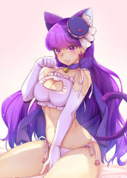 Rule 34 | 10s, 1girl, :3, animal ears, bell, between legs, blush, bra, breasts, cat cutout, cat ear panties, cat ears, cat lingerie, cat tail, choker, cleavage, cleavage cutout, closed mouth, clothing cutout, cure macaron, earrings, elbow gloves, extra ears, food-themed hair ornament, frilled bra, frills, gloves, hair ornament, hand between legs, hand up, jewelry, jingle bell, kirakira precure a la mode, kotozume yukari, large breasts, lingerie, long hair, macaron hair ornament, md5 mismatch, meme attire, navel, neck bell, panties, paw pose, paw print, precure, purple bra, purple eyes, purple gloves, purple hair, purple panties, satou (kuso-neet), side-tie panties, sitting, smile, solo, spread legs, tail, thighs, underwear, very long hair