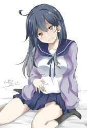 Rule 34 | 1girl, ahoge, artist name, black hair, blue sailor collar, blue skirt, breasts, brown eyes, cardigan, gakky, head tilt, highres, kantai collection, large breasts, long hair, one-hour drawing challenge, pleated skirt, purple cardigan, sailor collar, sailor shirt, shirt, simple background, sitting, skirt, solo, ushio (kancolle), wariza, white background, white shirt