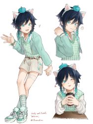 Rule 34 | 1boy, :p, ?, alternate costume, androgynous, animal ear hairband, animal ears, aqua eyes, aqua footwear, aqua hair, aqua jacket, aqua socks, artist name, black hair, blush, bracelet, braid, cat ear hairband, cat ears, coffee cup, commentary request, cup, disposable cup, fake animal ears, feathers, from side, genshin impact, gradient hair, green vest, hairband, hat, highres, holding, holding cup, jacket, jewelry, long sleeves, looking at viewer, multicolored hair, multiple views, one eye closed, pizarrokun, shirt, shoes, short hair with long locks, shorts, signature, simple background, sneakers, socks, tongue, tongue out, twin braids, twitter username, two-tone hair, venti (genshin impact), vest, vision (genshin impact), waving, white background, white shirt