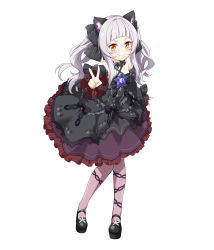 Rule 34 | 1girl, absurdres, animal ears, bare shoulders, blunt bangs, cat ears, dress, felutiahime, frilled dress, frills, gothic lolita, hair ornament, hair ribbon, halterneck, highres, hololive, layered dress, layered skirt, lolita fashion, looking at viewer, medium hair, murasaki shion, murasaki shion (gothic lolita), pantyhose, ribbon, silver hair, skirt, smile, standing, v, virtual youtuber
