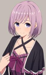 Rule 34 | 1girl, blush, bow, breasts, brown background, capelet, cleavage, closed mouth, collarbone, criss-cross halter, dress, frilled capelet, frills, halterneck, hand on own chest, highres, light purple hair, long sleeves, looking at viewer, medium breasts, original, purple bow, purple dress, purple eyes, short hair, simple background, smile, solo, striped clothes, striped dress, swept bangs, tareme, upper body, vertical-striped clothes, vertical-striped dress, yahiro (epicopeiidae)